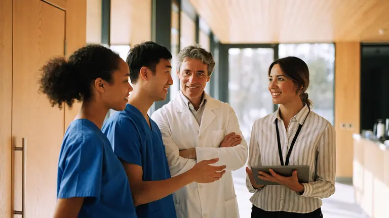 A group of clinicians in scrubs and lab coats talking together in a clinic corridor.
