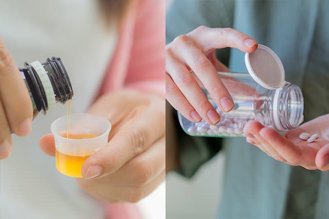 dual image with liquid and pill medications of Suboxone and Methadone