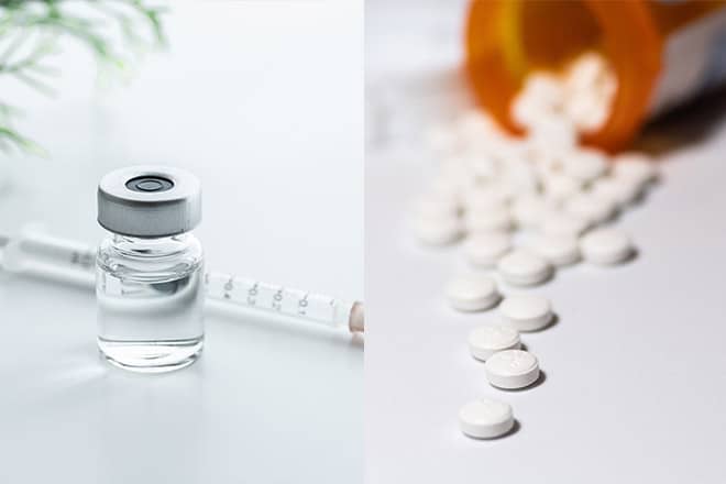 dual image of syringe injection and pill bottle of Suboxone and Vivitrol medications
